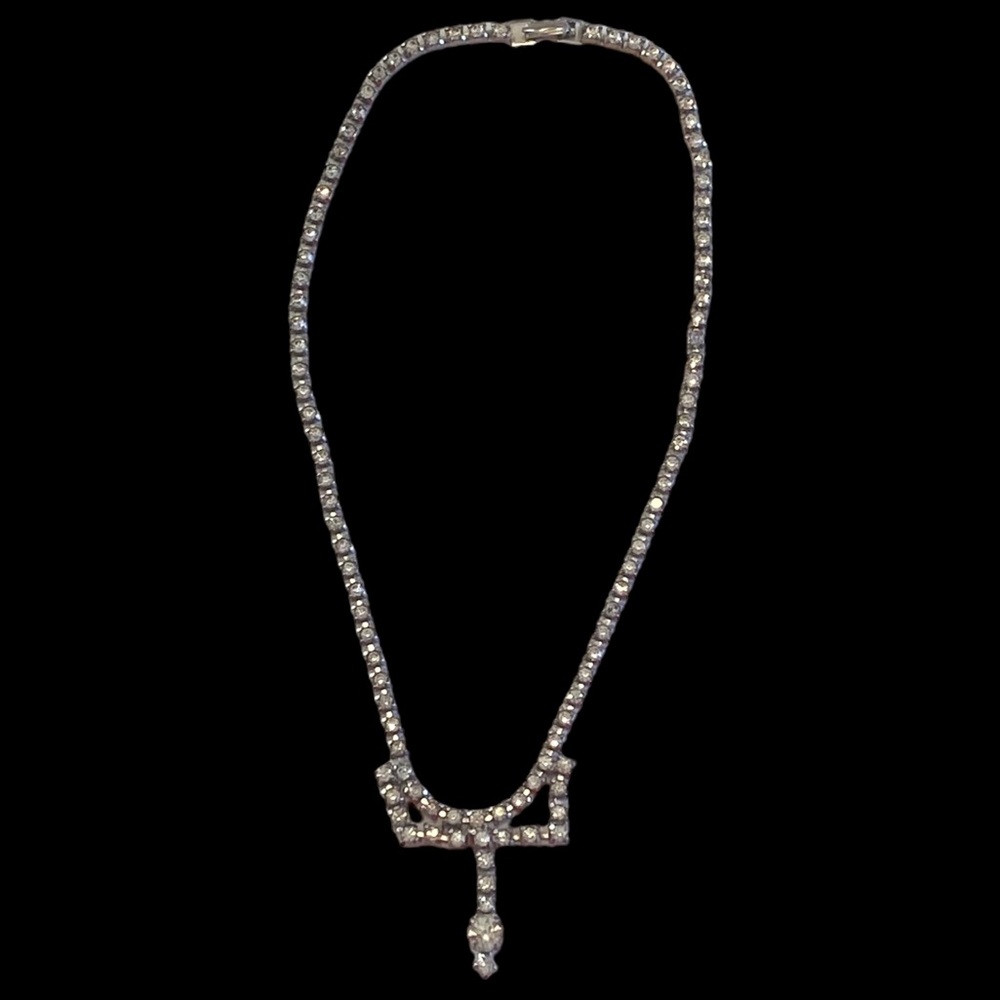 Vtg Rhinestone Necklace Crystal Round Point Drop 14.5”